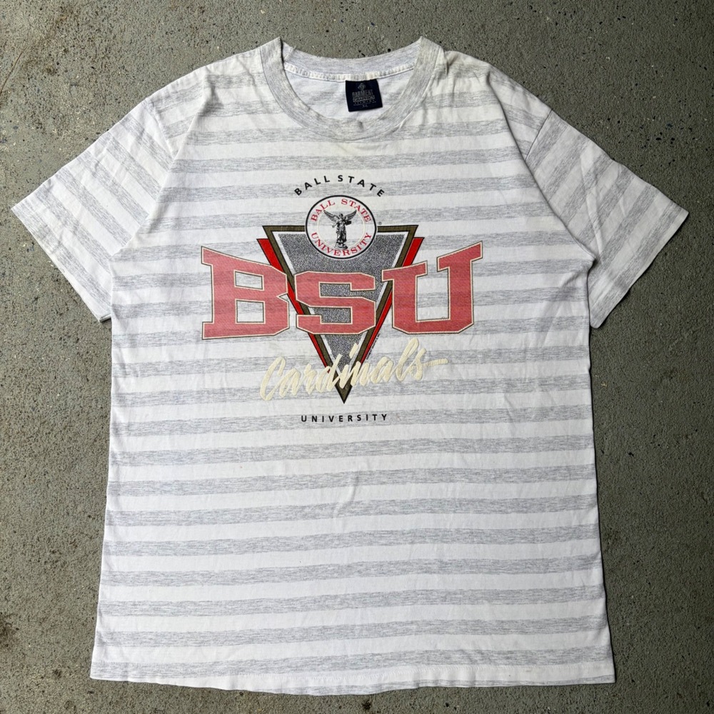 Vintage Ball State University BSU Cardinals Striped T-Shirt XL Garment Graphics